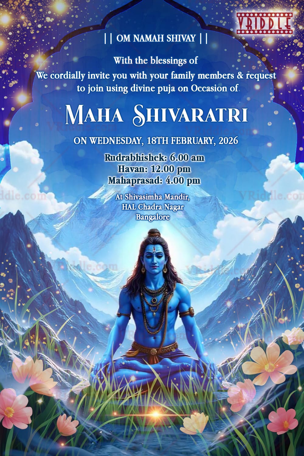 Divine Maha Shivratri Puja Invitation Card with Lord Shiva & Himalayan Background