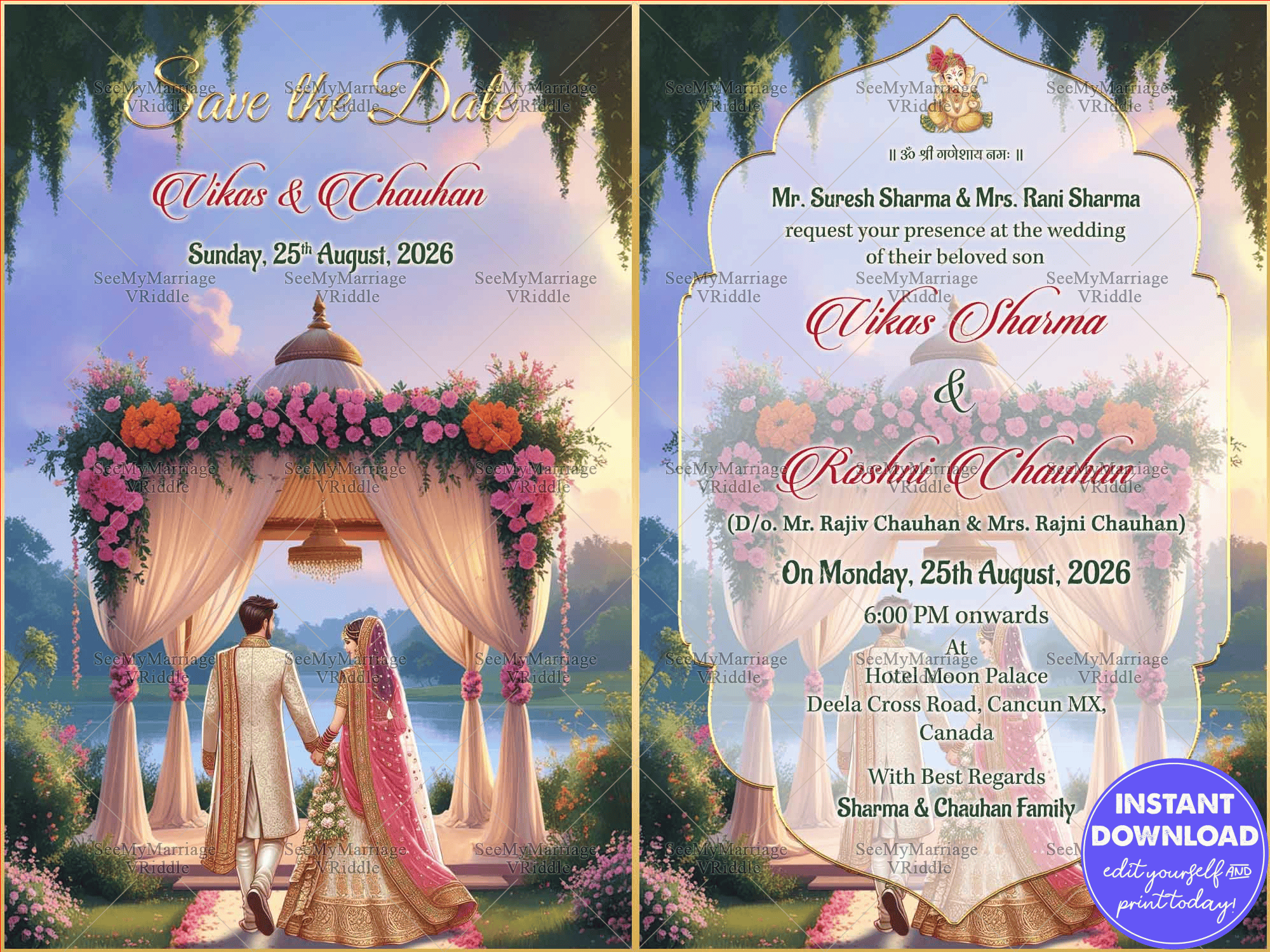 Mandap & Lake View Save the Date Card with Couple and Outdoor Theme