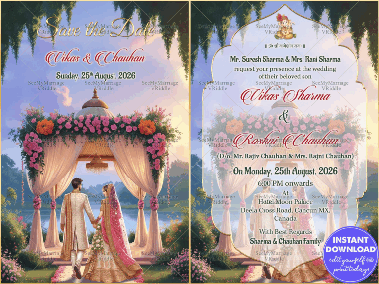 Mandap & Lake View Save the Date Card with Couple and Outdoor Theme