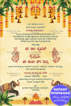 Marigold Background Kannada Wedding Invitation Card with Floral Decor, Elephants & Sacred Fire