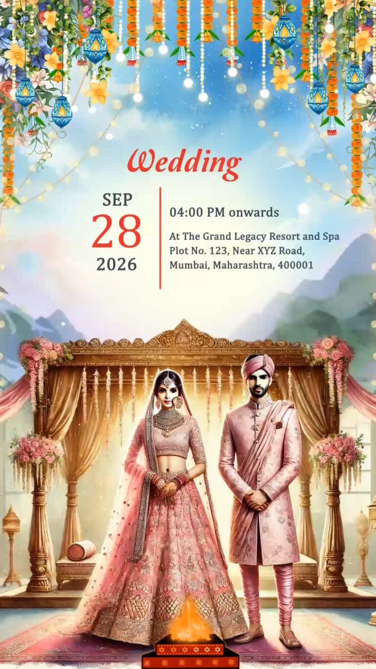 Mountain Resort Theme North Indian Wedding Invitation Video with Couple Illustration and Mandap Design