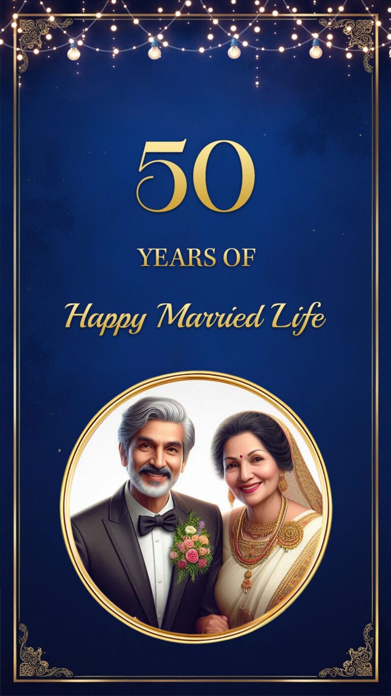 Navy Blue Background Golden Anniversary Invitation Video with Add Couple Portrait Photo and Stylish Design