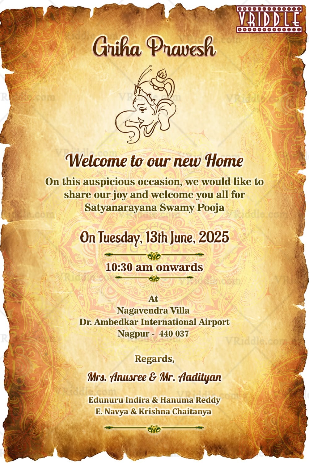 Traditional Griha Pravesh Card with Ganesha & Gold Mandala Patterns