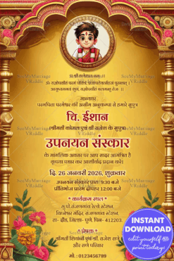 Ornate Golden Upanayan Invitation Card with Traditional Design & Custom Illustration