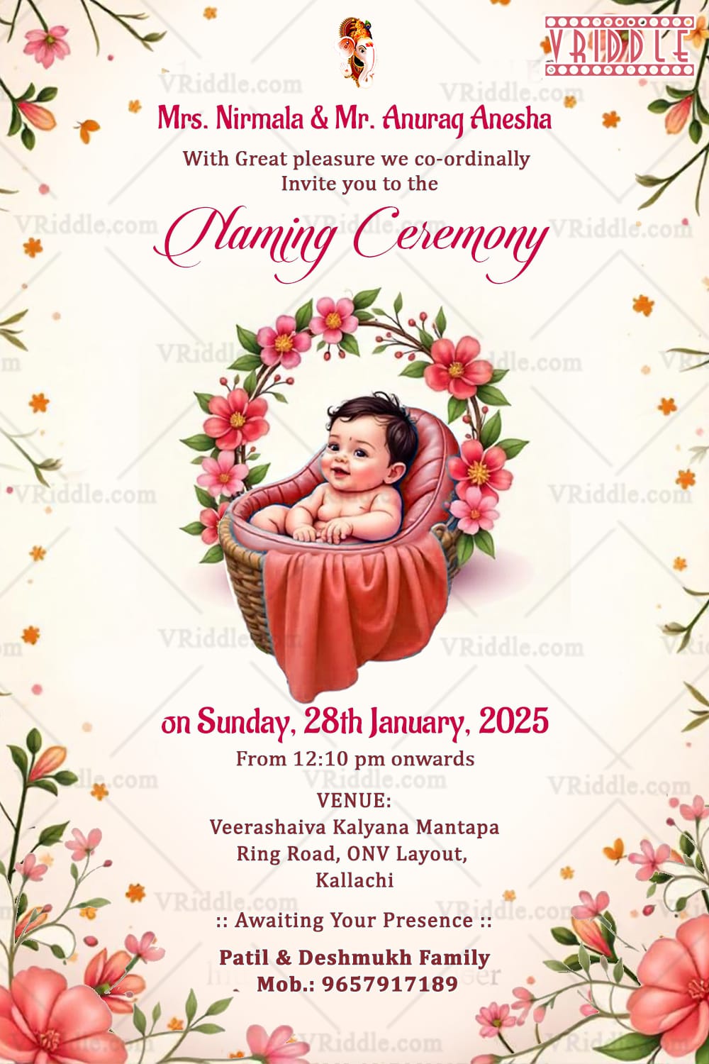 Pastel Theme Naming Ceremony with Smiling Baby Sitting in a Basket and Pink Flowers