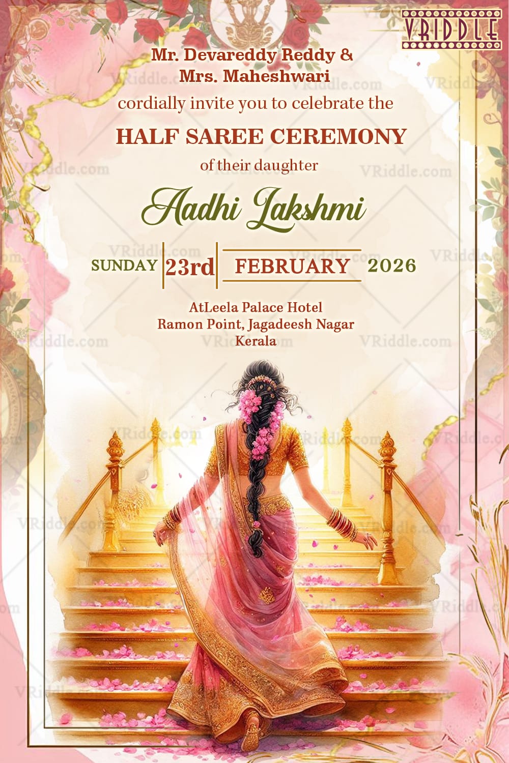 Pink and Gold Aesthetic Half Saree Invitation Card with Festive Design