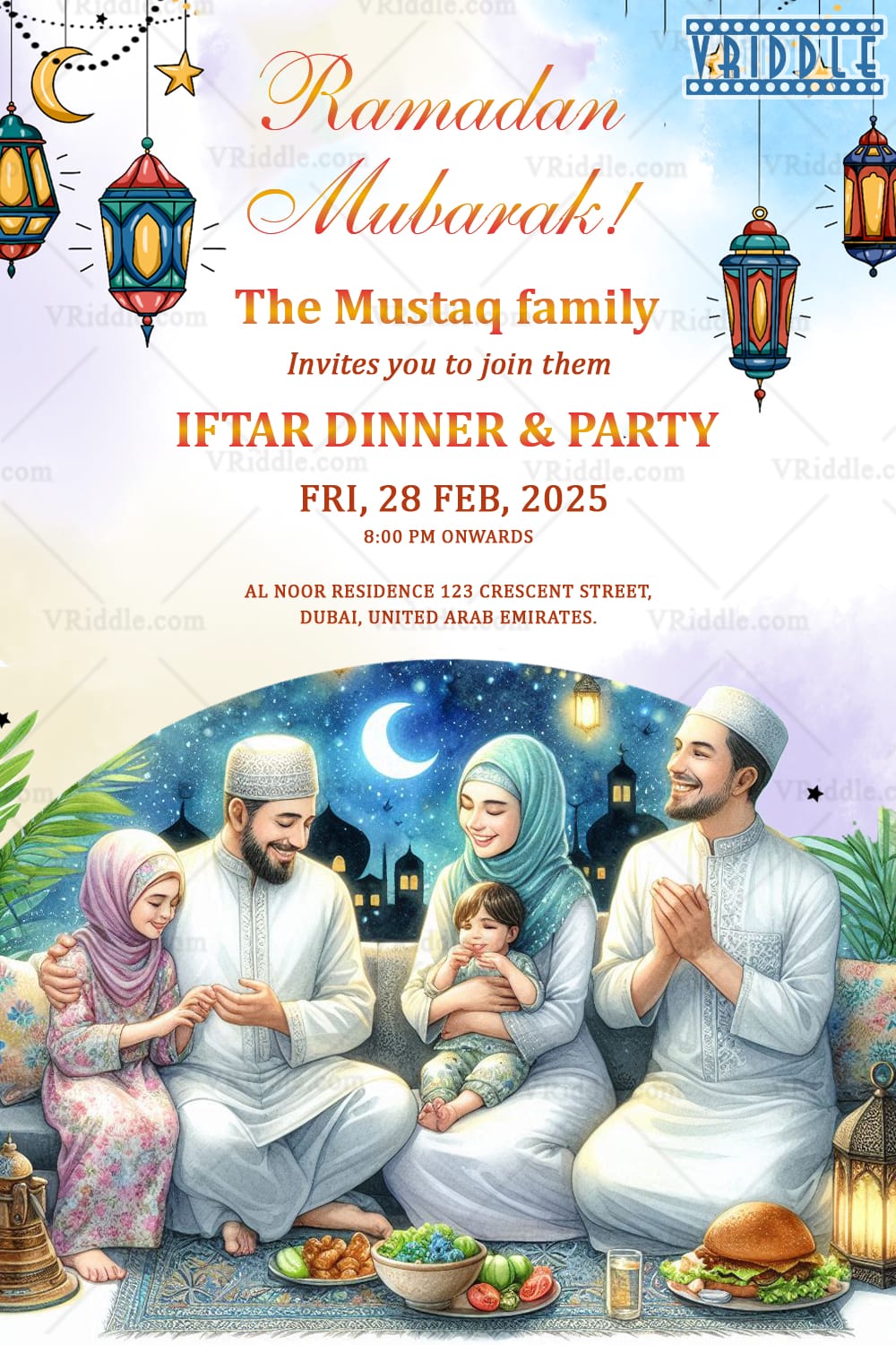 Ramadan Iftar Invitation with Family Bonding Scene, Food Spread and Warm Lantern Glow