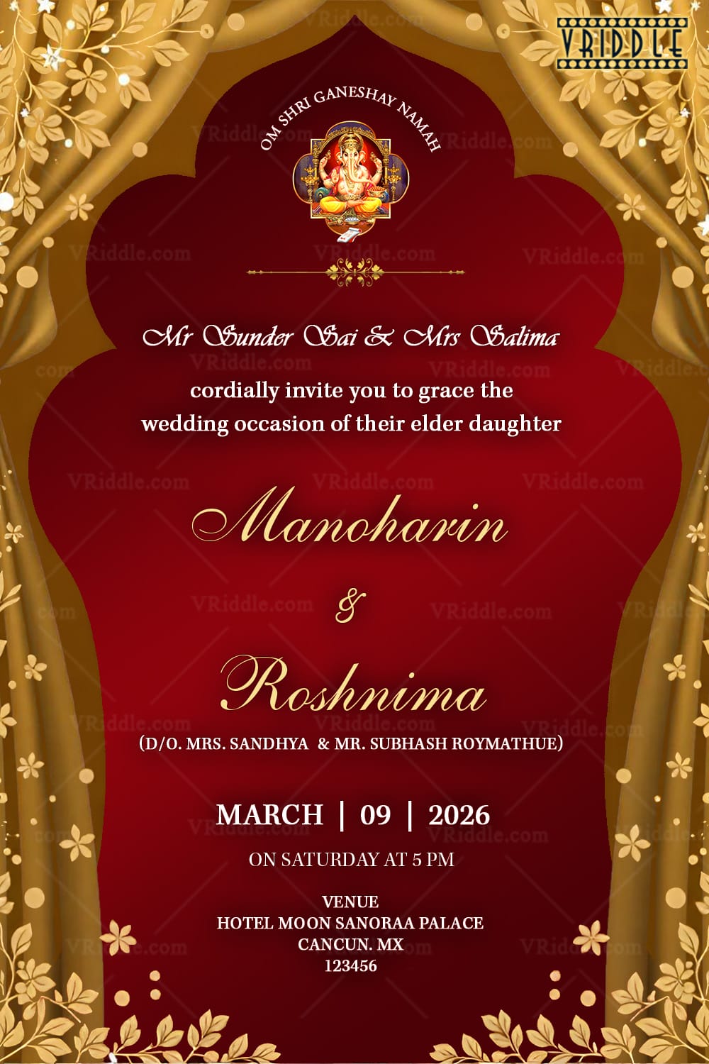 Red & Gold Background Wedding Invitation Card with Floral Drapes for a Regal Look and Ganesh Blessings