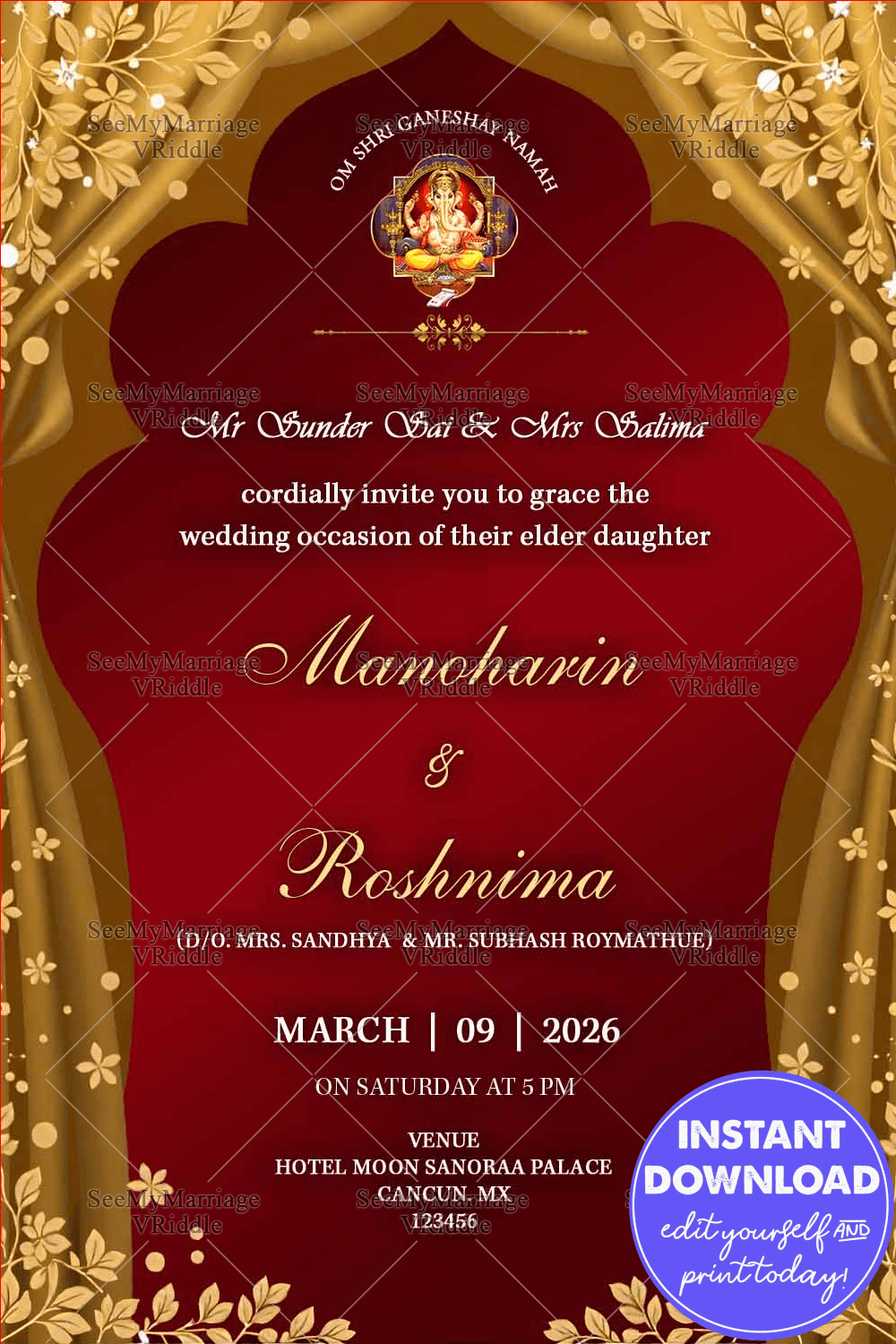 Red & Gold Background Wedding Invitation Card with Floral Drapes for a Regal Look and Ganesh Blessings