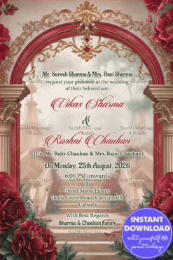 Red Roses and Staircase Wedding Invitation Card with Golden Arch Design