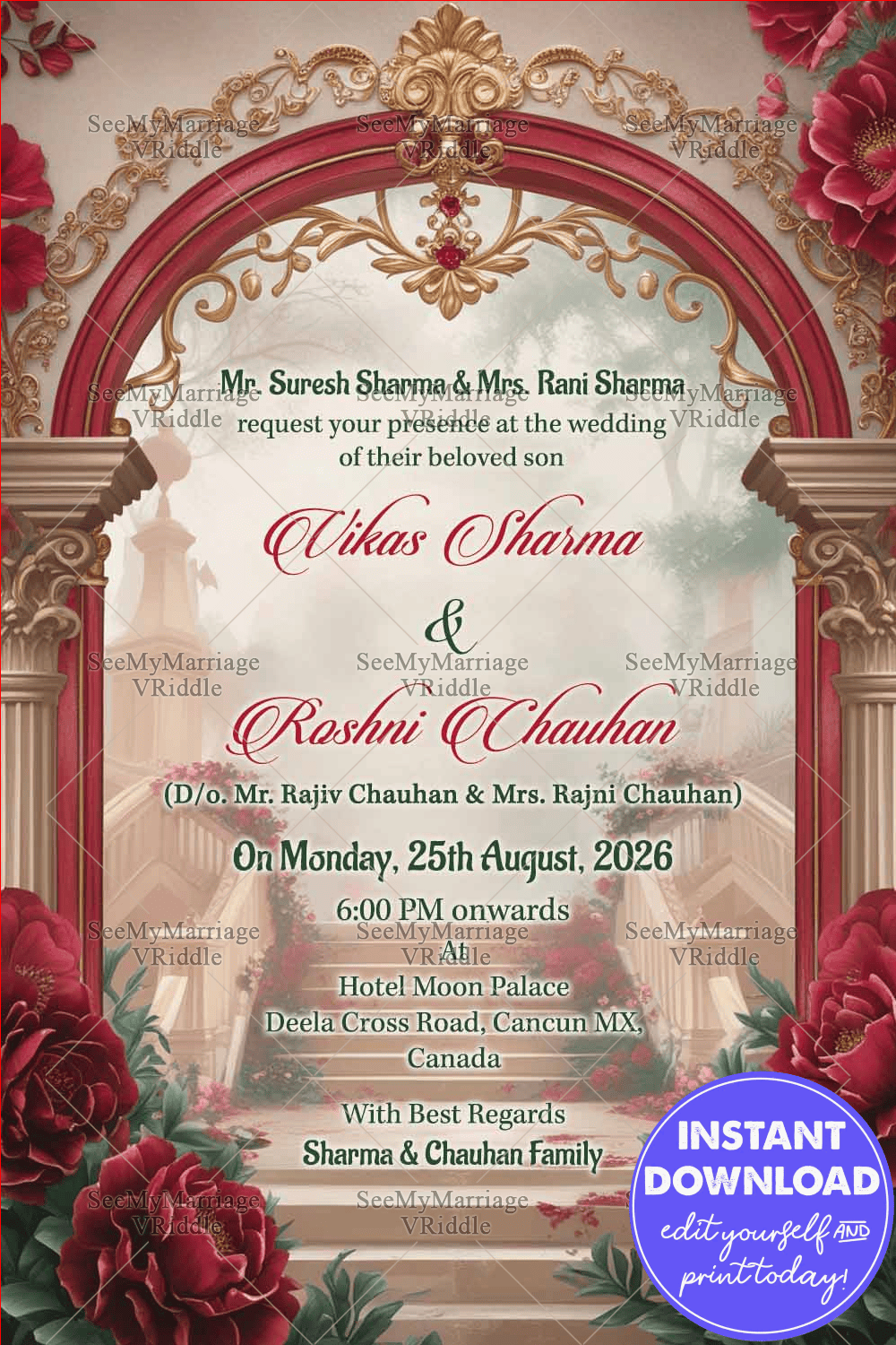 Red Roses and Staircase Wedding Invitation Card with Golden Arch Design
