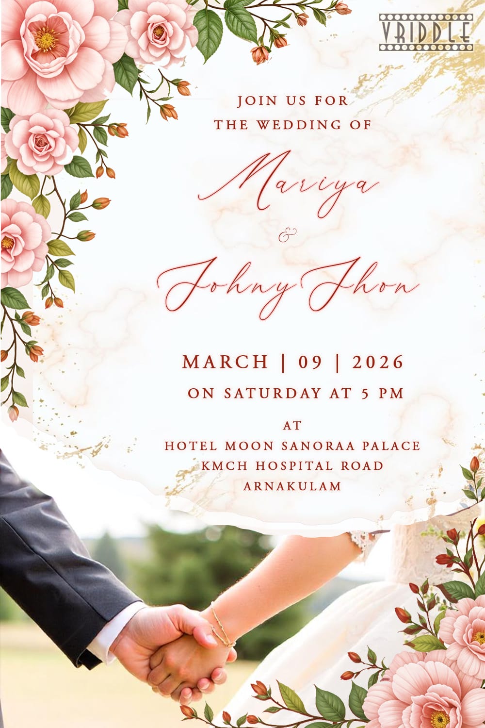 Romantic Pink Rose-Themed Wedding Invitation Card with Bride & Groom Holding Hands Photo and Classic Touch
