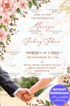 Romantic Pink Rose-Themed Wedding Invitation Card with Bride & Groom Holding Hands Photo and Classic Touch