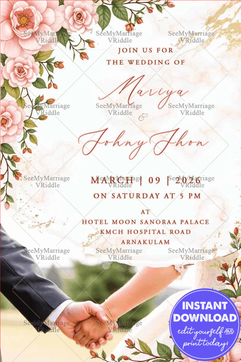 Romantic Pink Rose-Themed Wedding Invitation Card with Bride & Groom Holding Hands Photo and Classic Touch