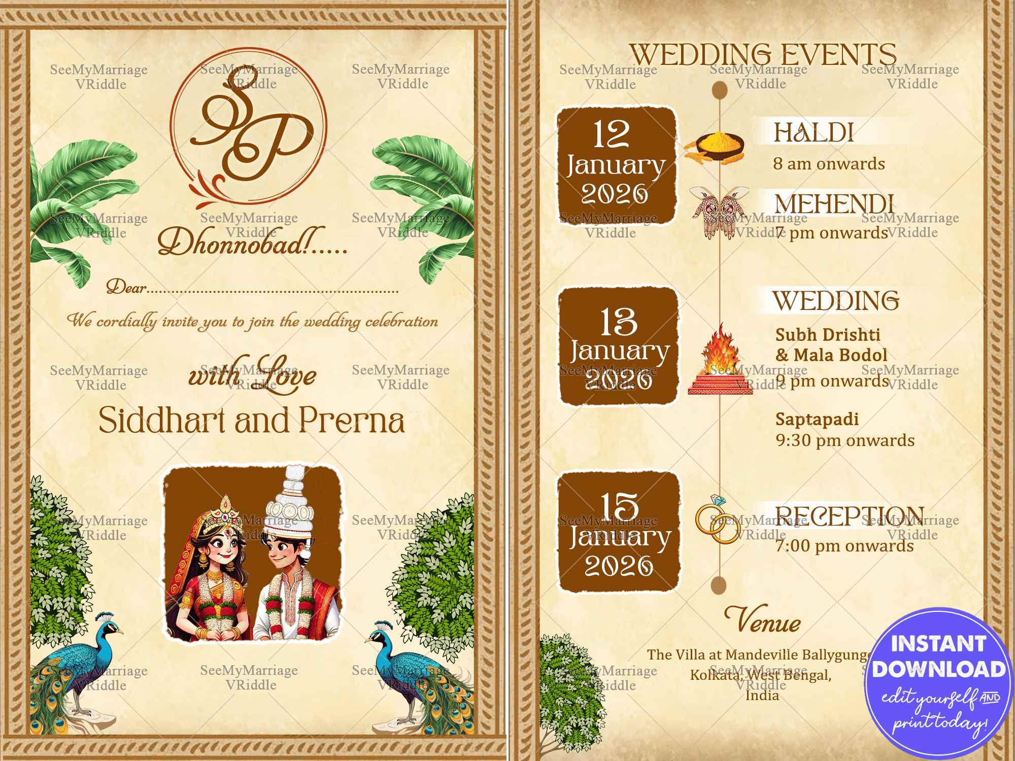 Rustic Elegance Bengali Wedding Invitation Card with Greenery, Peacocks and Add Bride and Groom Photo