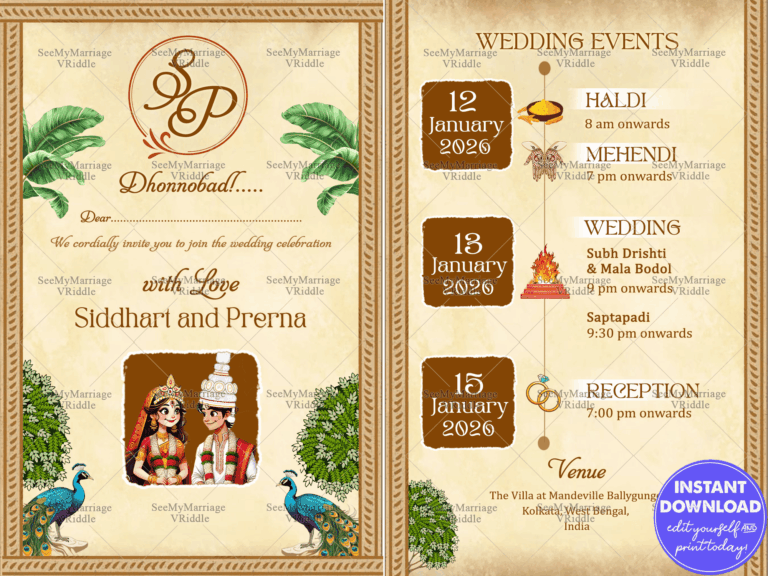 Rustic Elegance Bengali Wedding Invitation Card with Greenery, Peacocks and Add Bride and Groom Photo