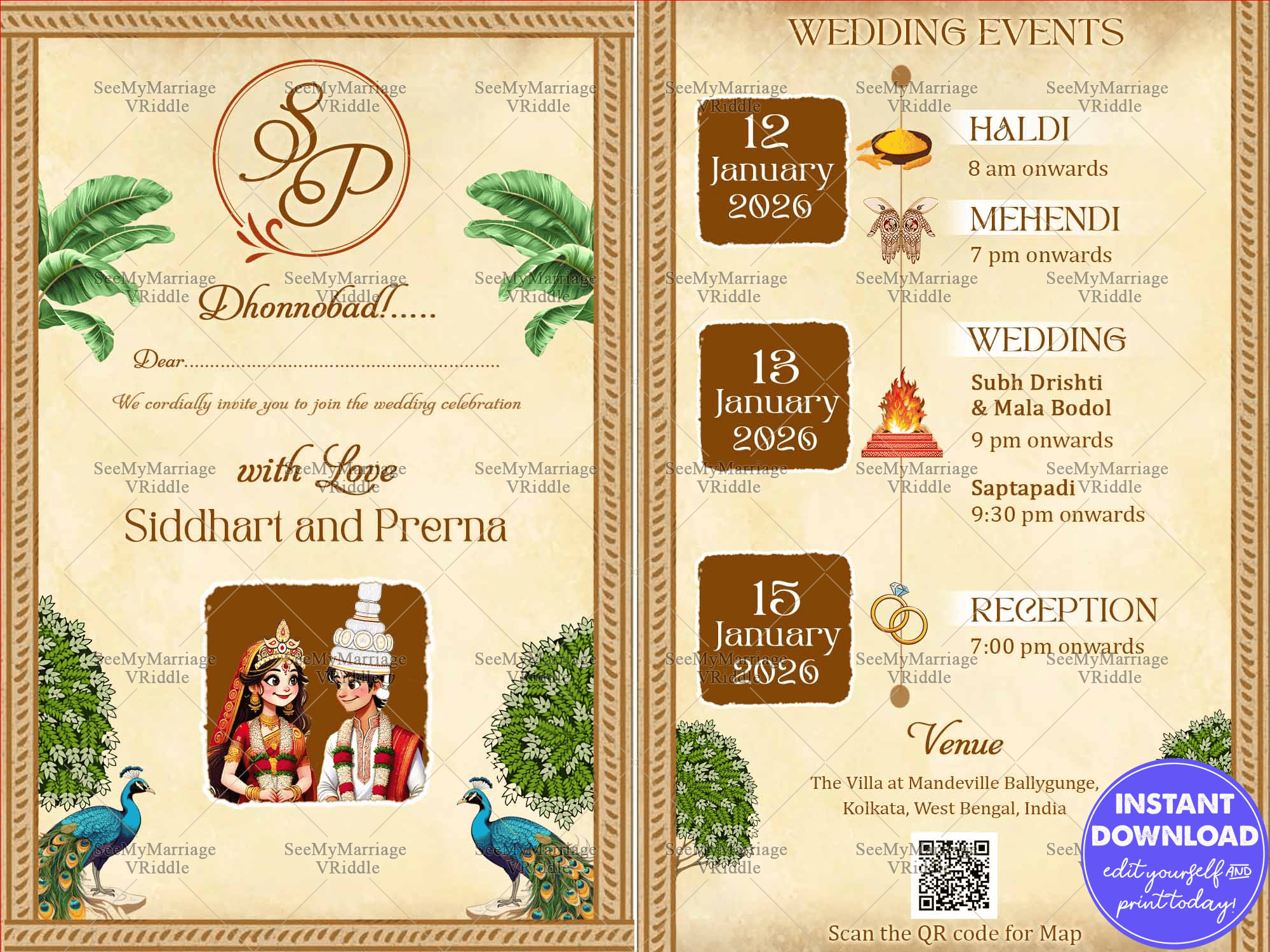 Rustic Elegance Bengali Wedding Invitation Card with Greenery, Peacocks and Add Bride and Groom Photo