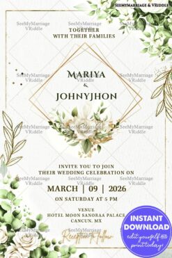 Floral & Gold Wedding Invitation Card with Geometric Frame & Roses