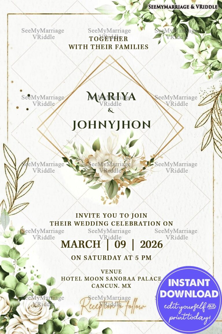 Floral & Gold Wedding Invitation Card with Geometric Frame & Roses