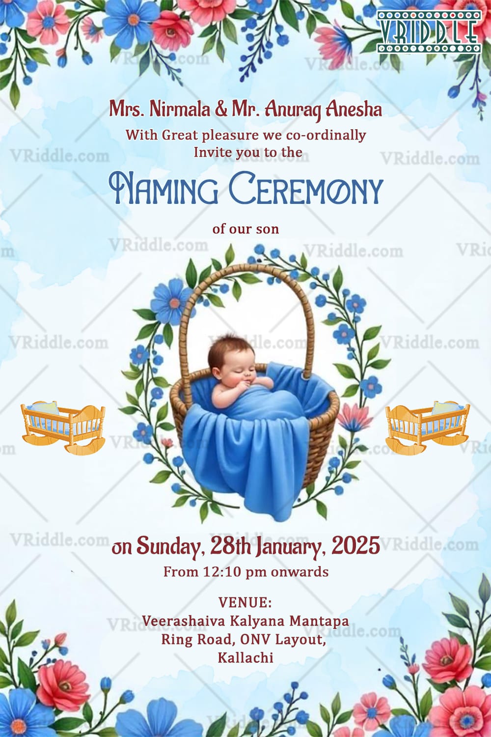 Soft Blue & Basket Design Naming Invitation for Baby Boy with Flowers