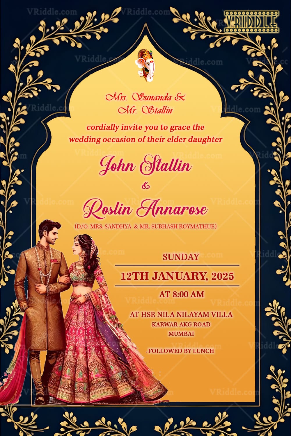 Stunning Wedding Invitation Card with Bride & Groom Illustration, Gold Accents & Traditional Art