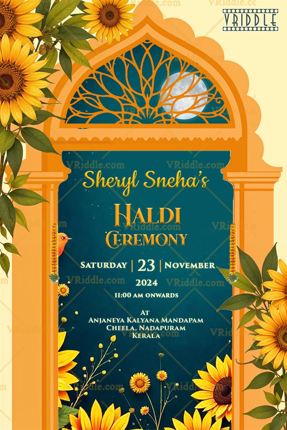 Sunflower & Marigold Decor Haldi Invitation with Traditional Arch Design and Moonlit Sky