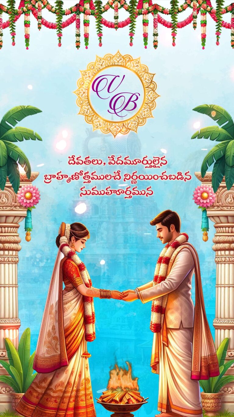 Temple Backdrop Blue Telugu Wedding Invitation Video with Bride & Groom Holding Hands and Traditional Elements