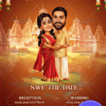 Temple Background Kerala Wedding Invitation Card with Couple Caricature