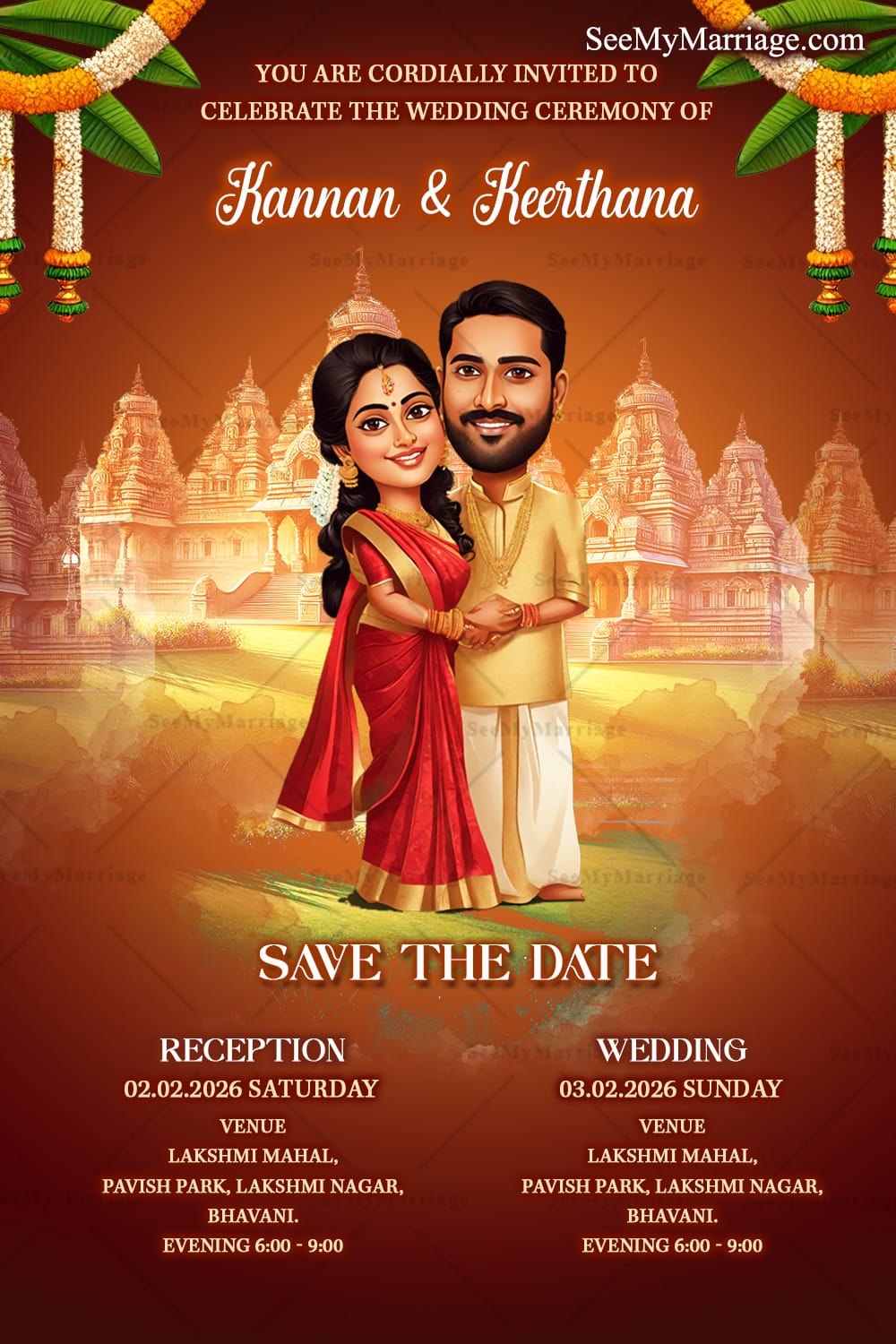 Temple Background Kerala Wedding Invitation Card with Couple Caricature