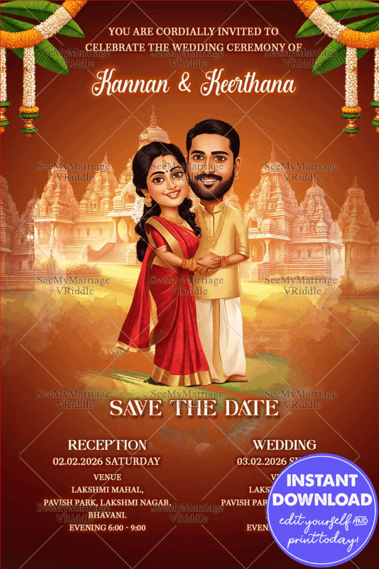 Temple Background Kerala Wedding Invitation Card with Couple Caricature