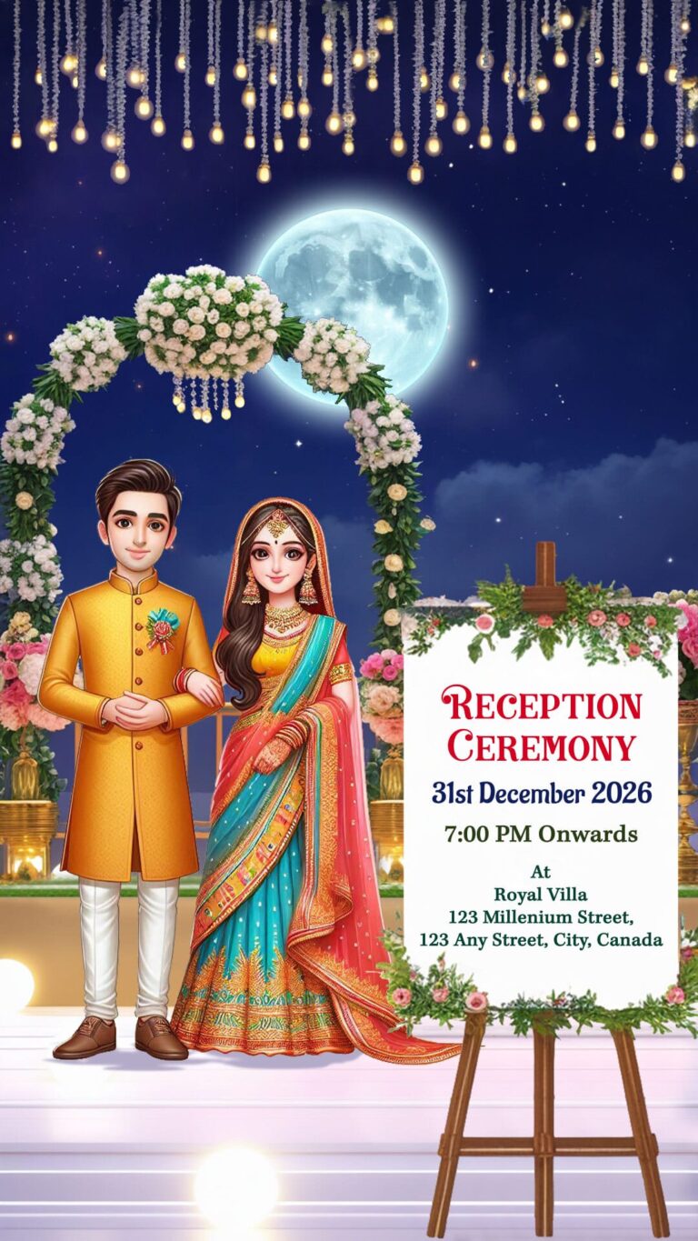 Traditional Couple in Nature Wedding Reception Invitation Video with Royal Attire and Floral Accents