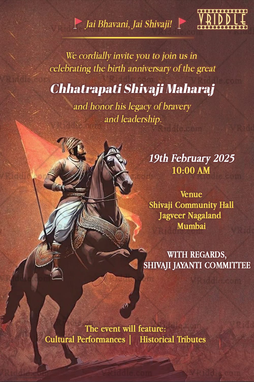 Warrior Tribute Chhatrapati Shivaji Maharaj Jayanti Invitation with Courage & Leadership Theme