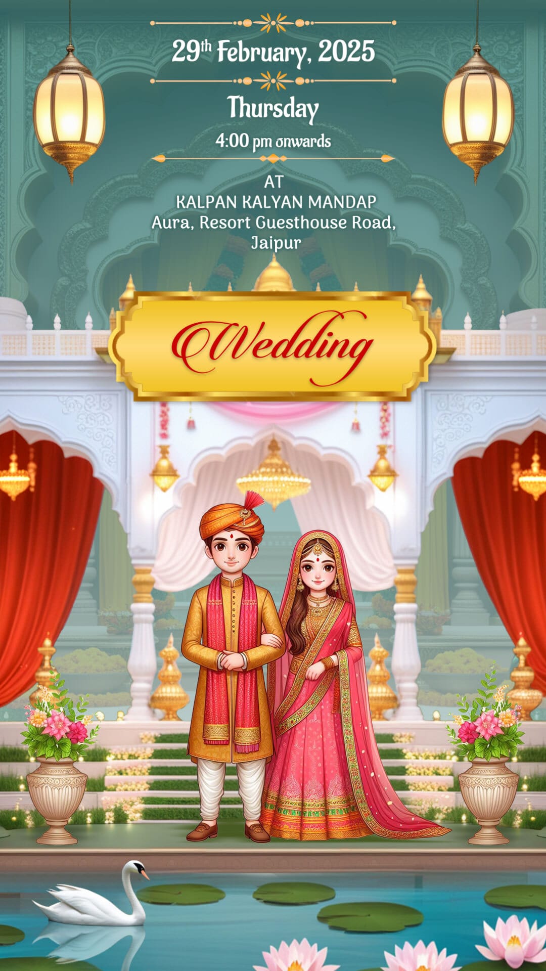 Golden Ganesha Sacred Wedding Invitation Video with Floral Arch and Lotus Pond - Haldi, Mehendi, Sangeet, Reception, Save The Date