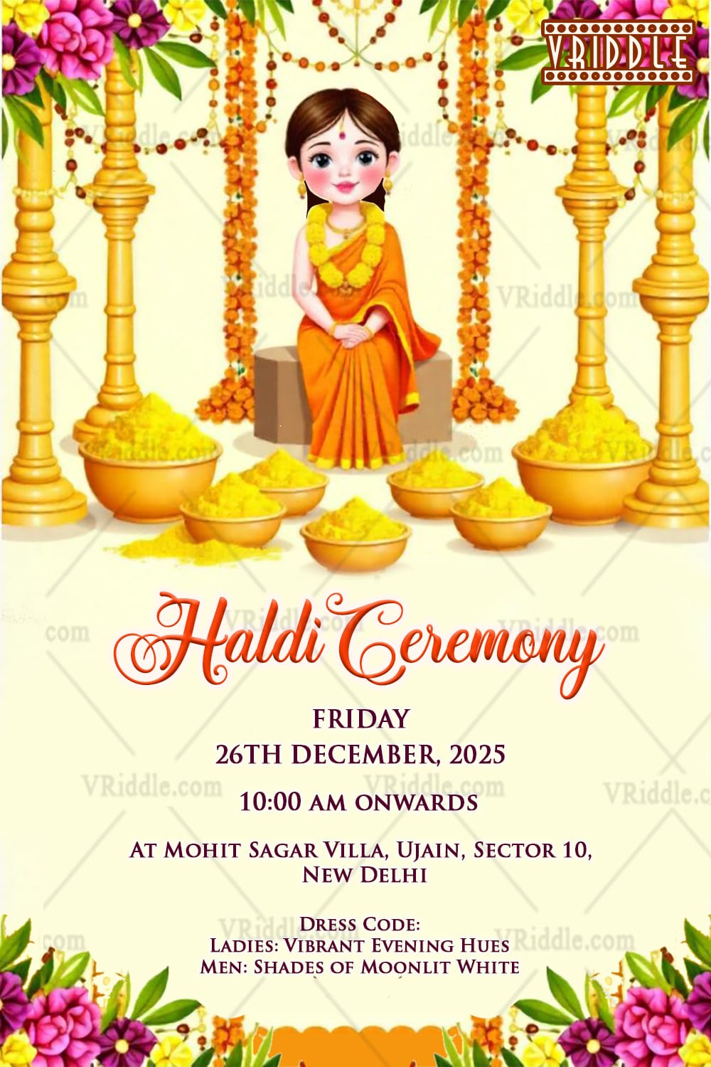 Yellow-Themed Haldi Invitation Card with Cute Bride Illustration & Ritual Setup