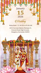 Lotus and Peacock Theme Kannada Wedding Invitation Video with Bride & Groom Illustration, Mandapam Setting and Floral Arch