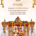 Lotus and Peacock Theme Kannada Wedding Invitation Video with Bride & Groom Illustration, Mandapam Setting and Floral Arch