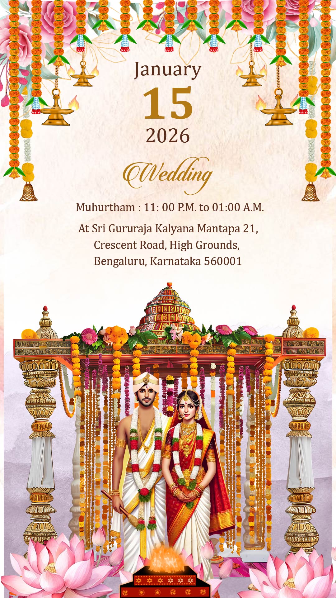Lotus and Peacock Theme Kannada Wedding Invitation Video with Bride & Groom Illustration, Mandapam Setting and Floral Arch