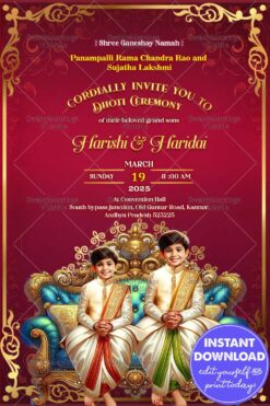 Twin Brothers Dhoti Ceremony Invitation with Red Theme and Festive Vibe