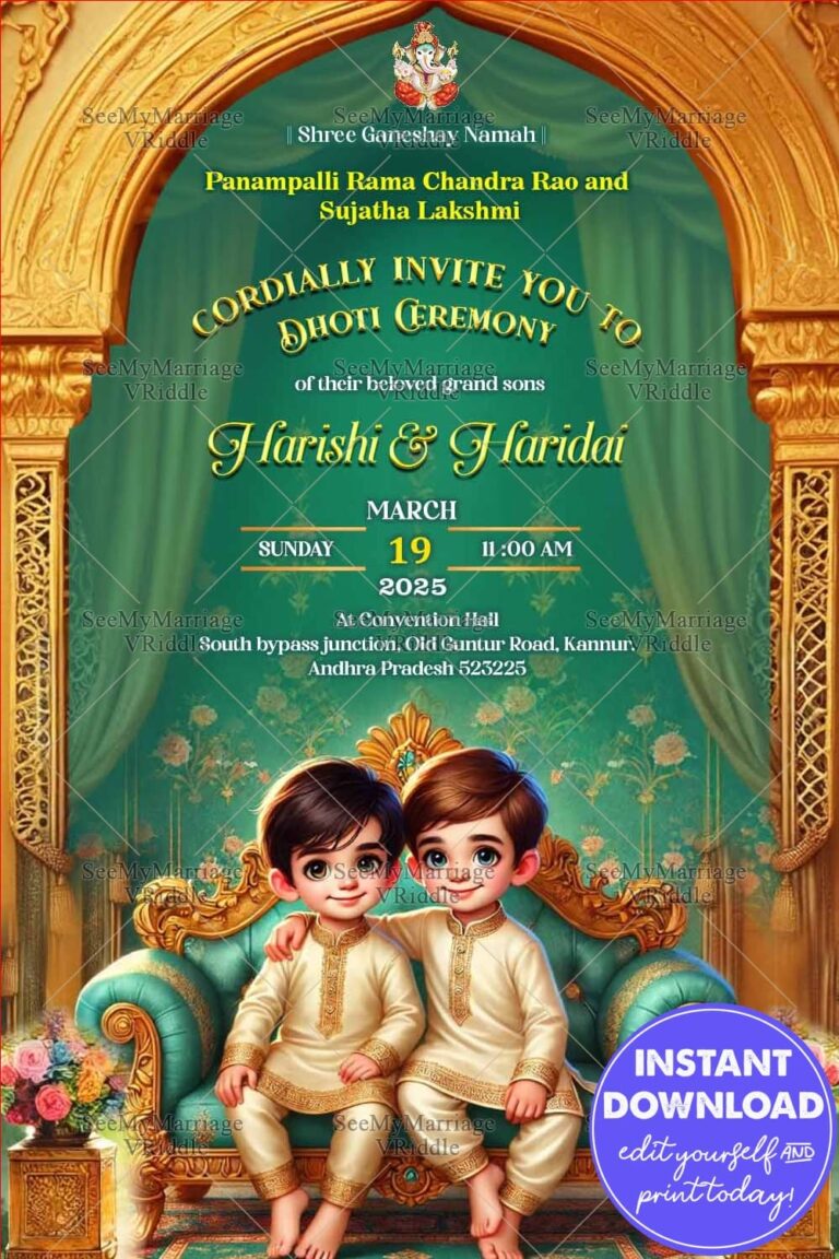 Twins Brothers in Ethnic Attire Dhoti Ceremony Invitation with Ornate Gold and Green Theme
