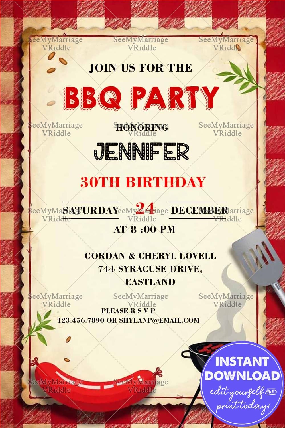BBQ Party Invitation Card with Red and Gold Theme