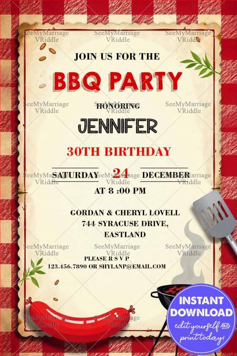 BBQ Party Invitation Card with Red and Gold Theme