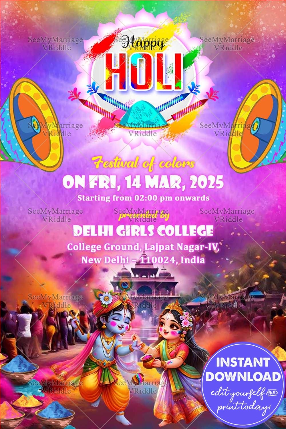 Radha Krishna Theme Holi Invitation card with Music and Dance