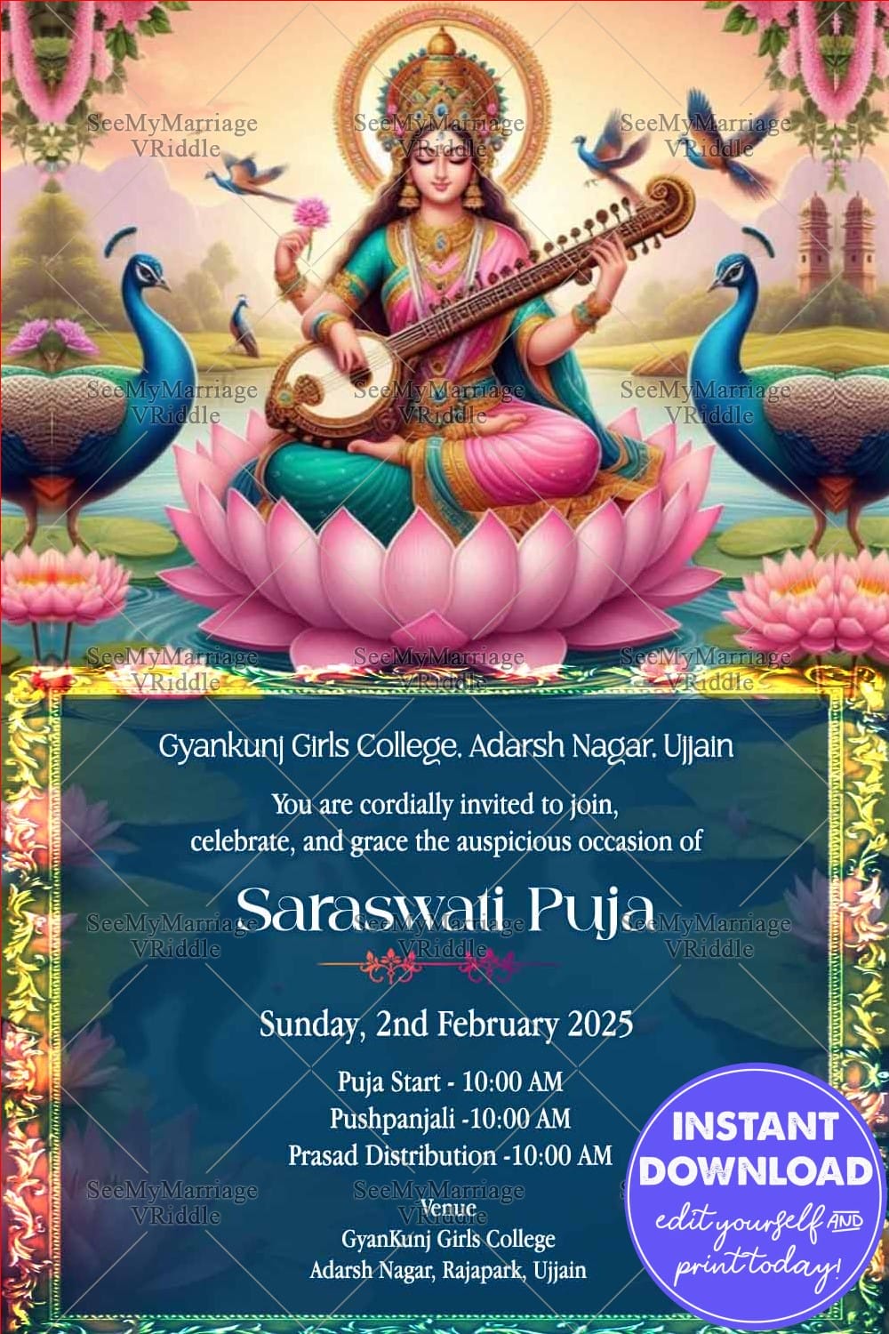 Vasant Panchami Ceremony Invitation with Lotus Flowers, Veena and Peacocks