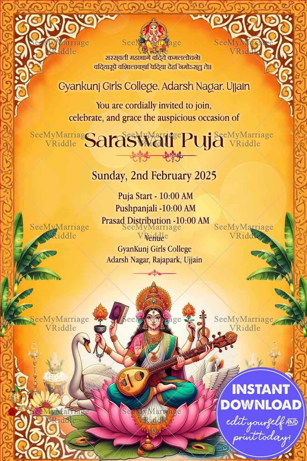 Golden-Yellow Theme Vasant Panchami Ceremony Invitation with Pink Lotus