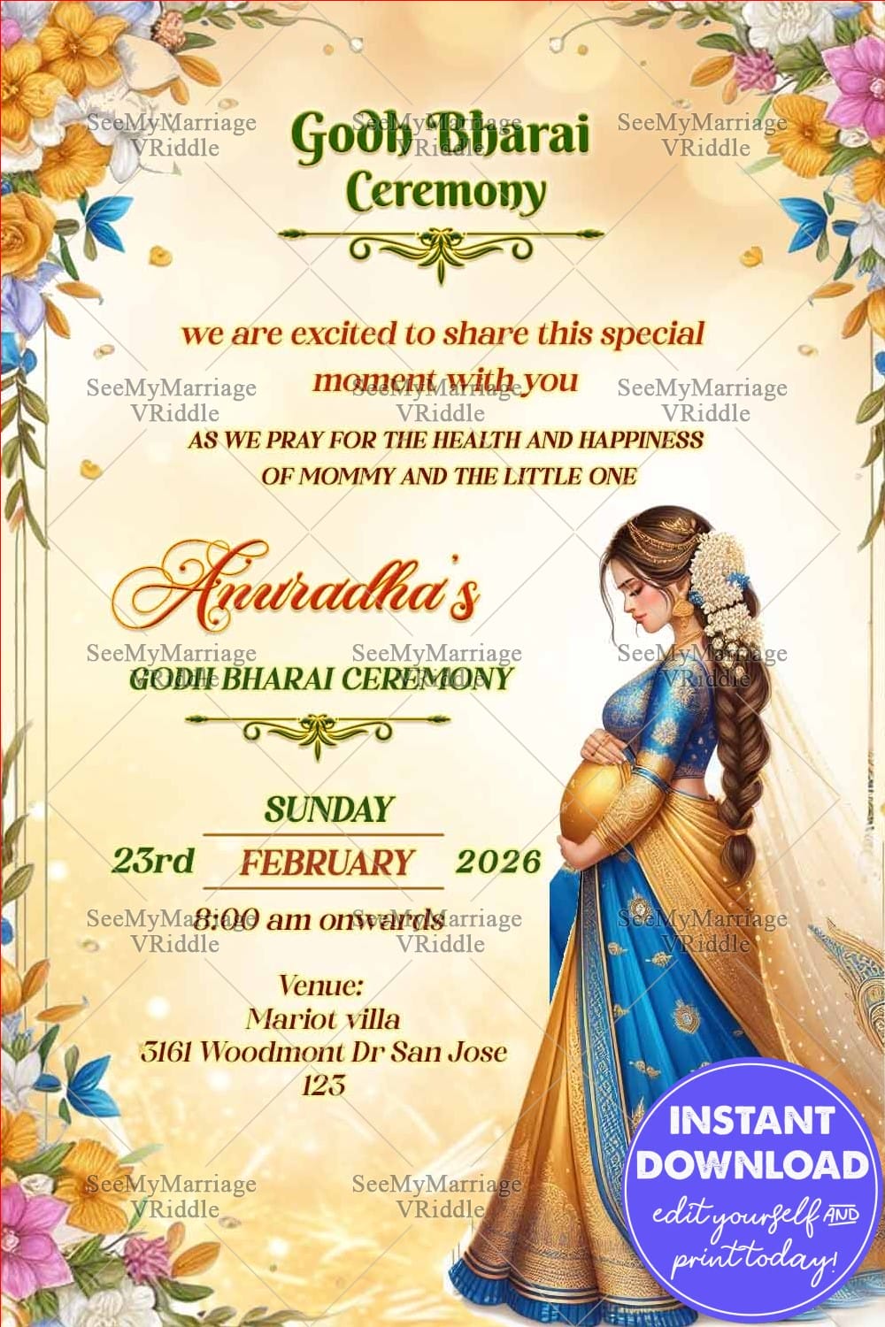 Royal Blue and Gold Saree Godh Bharai Ceremony with Flowers