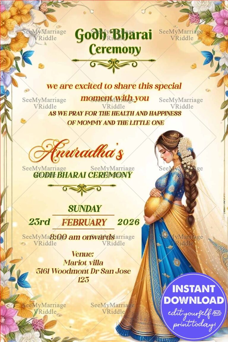 Royal Blue and Gold Saree Godh Bharai Ceremony with Flowers