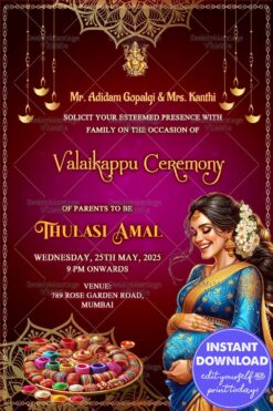 Maroon Theme and Blue-Gold Saree Valaikappu Ceremony with a Festive Look and Ganesha Blessings