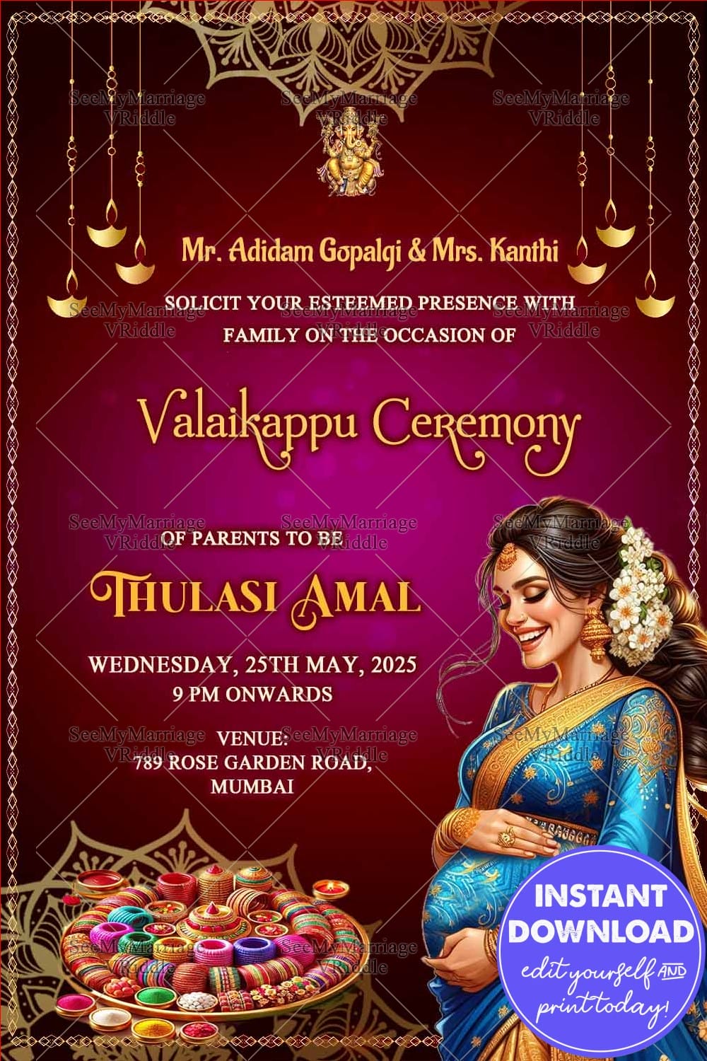 Maroon Theme and Blue-Gold Saree Valaikappu Ceremony with a Festive Look and Ganesha Blessings