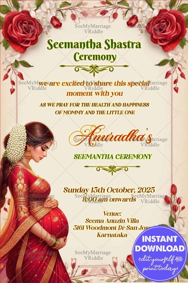 Red Saree Theme Seemantham Shastra Ceremony with Pregnant Woman Art, Red Roses, White Flowers and Green Leaves