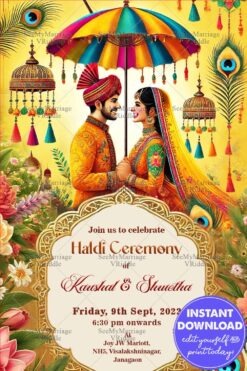 Peacock Feathers & Multicolored Umbrella Haldi Invitation with Bride and Groom in Traditional Attire